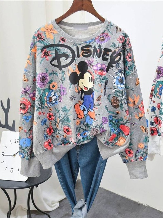 No brand Sweaters - Disney Grey Floral Mickey Sweatshirt with Colorful Blooms